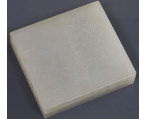 A Chinese white jade box, 18th/19th century, the cover carved in low relief with a sage and a deer in a rocky landscape, the 