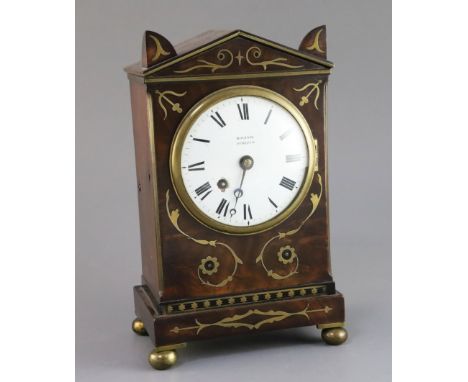 A Regency brass inset mahogany mantel timepiece, with architectural case and enamelled Roman dial, single fusee movement sign