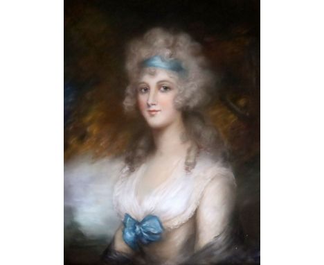 Attributed to John Russell RA (1745-1806)pastelPortrait of a lady wearing blue ribbons in her hair and around her waist29 x 2