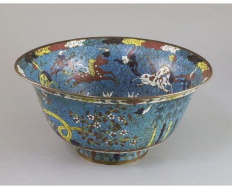 A late 19th century Japanese cloisonne enamel bowl, decorated with a band of horses and prunus trees, diameter 11.3in.