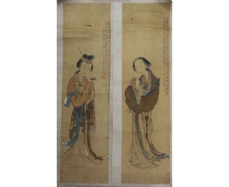 A pair of Chinese scroll paintings on paper of beauties, 19th century, each inscribed, Image 91cm x 25.5cm