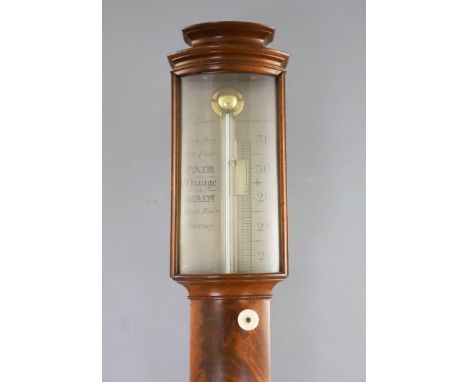 G. Lowe of Gloucester. A Regency flame mahogany bowfront stick barometer, with thermometer and signed silvered scale, 39in.