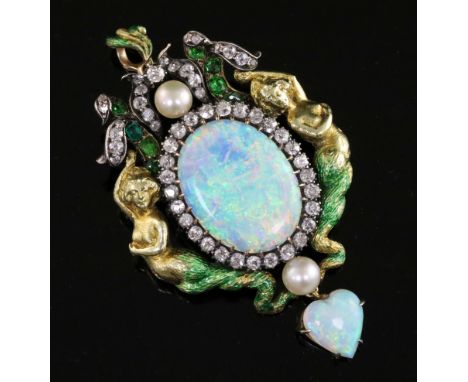 A good Victorian Renaissance revival gold and silver, white opal, green enamel, pearl diamond and garnet set drop pendant bro