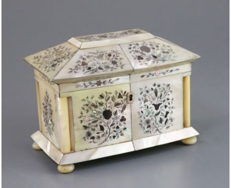 A Regency engraved and inlaid mother of pearl sarcophagus tea caddy, with bowfront and two division interior, 6.5in.