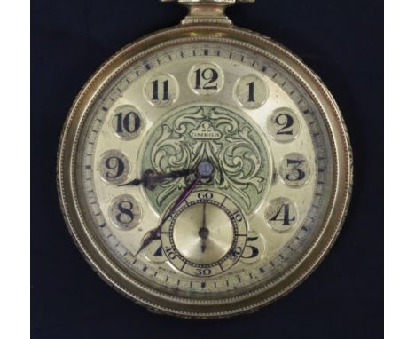 An early 20th century 14ct gold and black enamel Omega open face keyless dress pocket watch, with Arabic numerals and subsidi