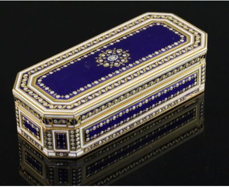 A good late 18th century French gold, simulated pearl and white and blue enamel snuff box by Augustin-Andre Heguin, Paris, 17