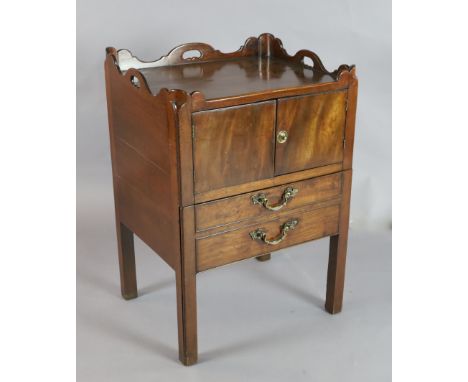 A George III mahogany tray top commode, with two door compartment and double dummy base drawer, W.1ft 10in. D.1ft 6in. H.2ft 