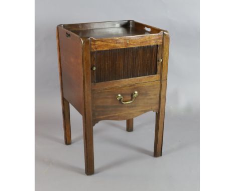 A George III mahogany tray top commode, with tambour fronted compartment and base drawer, on squared legs, W.1ft 8in. D.1ft 6