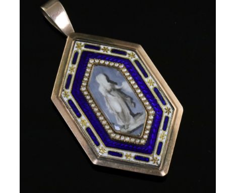 A Regency gold, seed pearl and two colour enamel hexagonal mourning pendant, with central panel, painted with the figure of a