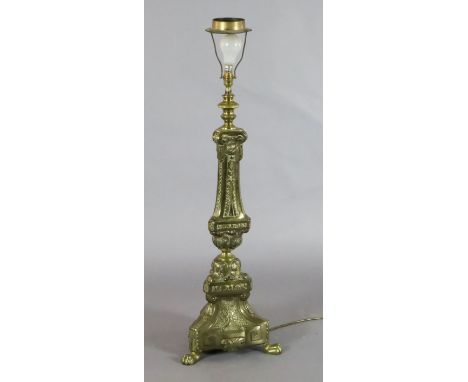 A 19th century Continental brass overlaid altar stick table lamp, height 33in.