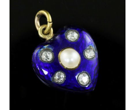 A Victorian gold, blue enamel, diamond and pearl set heart shaped pendant, the back with glazed circular panel and front set 