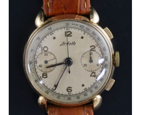 A gentleman's 1950's? 18ct gold Ardath chronograph manual wind wrist watch, with Arabic and dot numerals and two subsidiary d