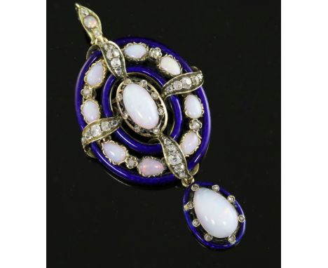 A good Victorian, white opal, blue enamel and diamond set oval drop pendant brooch, set with ten cabochon white opals and old