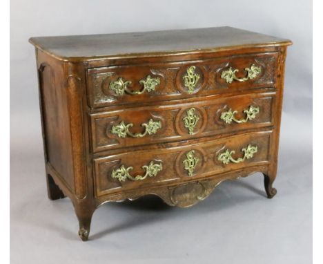 A Louis XVI fruitwood serpentine commode, with ormolu handles and locks and three long drawers, on scroll feet, W.3ft 9in. D.