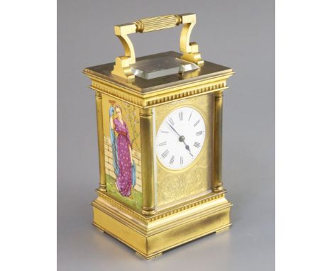 An Edwardian ormolu and porcelain hour repeating carriage clock, with architectural case and enamelled Roman dial signed E.W.