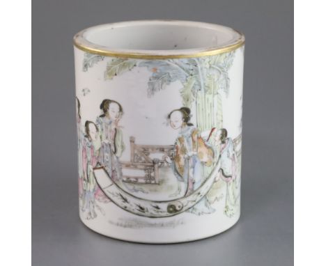 A Chinese famille rose brush pot, Tongzhi mark and of the period (1862-74), painted with the Four Beauties and an attendant e