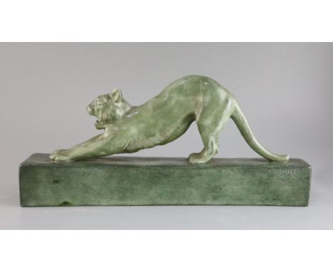 G.H. Laurent. A bronzed terracotta model of a stretching tiger, signed on the plinth, 17.5in.
