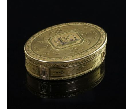 A late 18th century Swiss three colour gold oval snuff box, maker's mark, incuse VM, Geneva, circa 1790, the hinged lid and b
