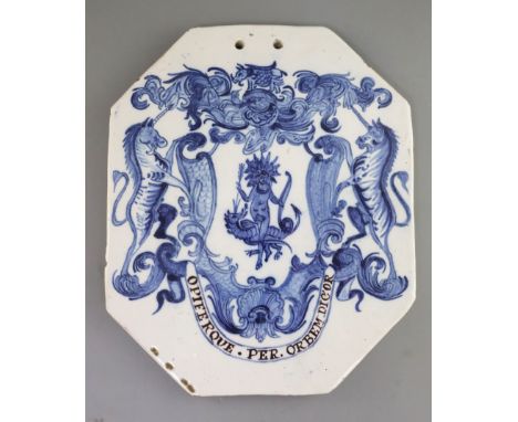 A London or Wincanton octagonal delftware pill slab, mid 18th century painted in blue with the arms of the Worshipful Society