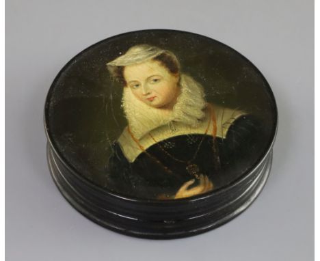 A Stobwasser style papier mache snuff box, painted with a portrait of Mary Queen of Scots, with inner lid concealing two nude