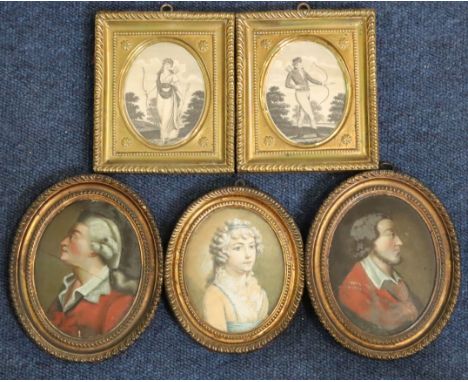 Late 18th century English School, a bodycolour portrait of Alicia Poole, 1795, 4 x 3.25in. a pair of reverse painted glass pa