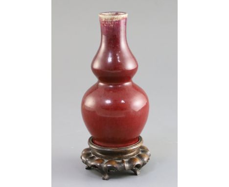 A Chinese Langyao sang de boeuf double gourd vase, Kangxi period, H. 15.5cm, wood standProvenance - Mr Keel, purchased from C