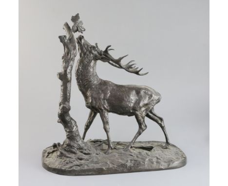 Pierre Jules Mene. A bronzed model of a stag beside a tree trunk, signed and dated 1843, height 15in.