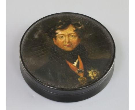 Samuel Raven (1775-1847). A papier mache snuff box, painted with a portrait of George IV after Sir Thomas Lawrence, 4in., and