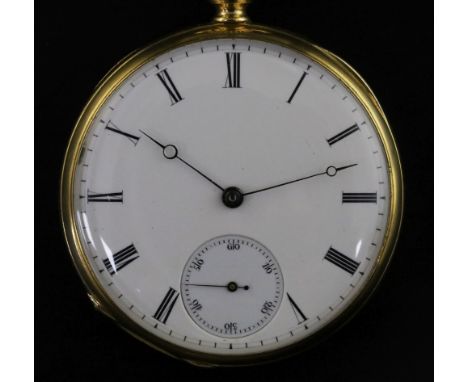 A Patek Philippe 18ct gold open face Roman dial pocket watch, with 9ct gold watch chain and two swivel fob seals, cased