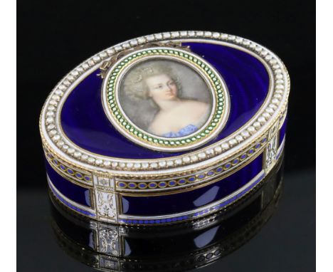 A good late 18th/early 19th century Swiss gold, enamel, split pearl and miniature portrait inset oval snuff box, by Francois 