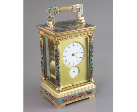 An early 20th century French ormolu and champleve enamel hour repeating carriage alarum clock, made for the Chinese market, d