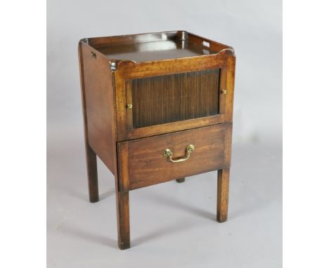 A George III mahogany tray top commode, with tambour fronted compartment and base drawer, on squared legs, W.1ft 7in. D.1ft 5