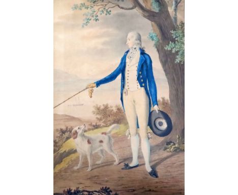 Early 19th century English SchoolwatercolourPortrait of Hugh Hammersley, standing with a dog in a landscapelabel verso18.5 x 