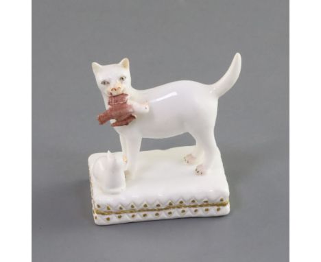 A rare Derby porcelain group of a cat and kitten with prey, c.1810-25, possibly modelled by Edward Keys, the standing white c