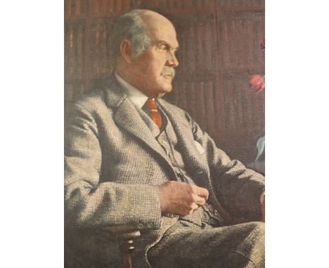 A Rosamond Bouve - a framed oil on canvas portrait of the Cambridge Nobel Prize Winner,  Sir William Bragg in his study, sign