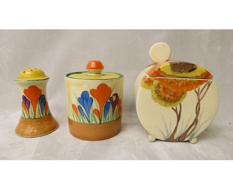 A Clarice Cliff Crocus pattern preserve jar and lid, Crocus pattern pepper pot, A/F and a Clarice Cliff jam jar of circular f
