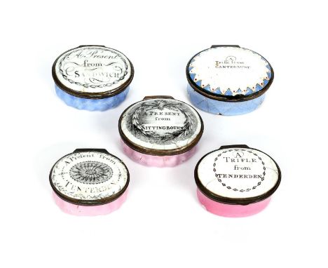 Five English enamel patch boxes relating to the county of Kent  c.1770-1800, the oval forms variously inscribed as souvenirs 