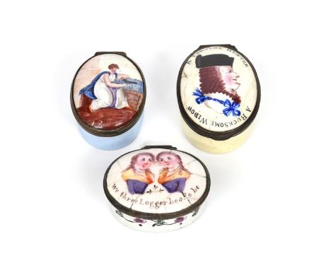 Three South Staffordshire enamel patch or snuff boxes  c.1760-90, one decorated with a Classical maiden seated beside a bird 