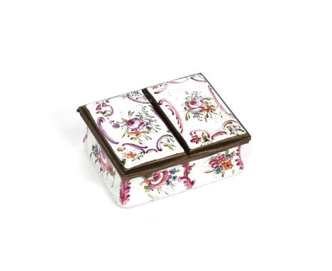 An English enamel double snuff box  c.1770-80, the rectangular form painted with flower sprays and puce scrollwork, with two 