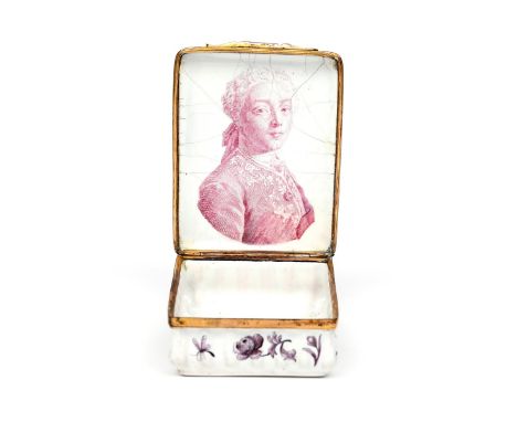 A Battersea and Birmingham enamel snuff box  c.1755, a Battersea cover on a Birmingham box base, the top of the lid printed i