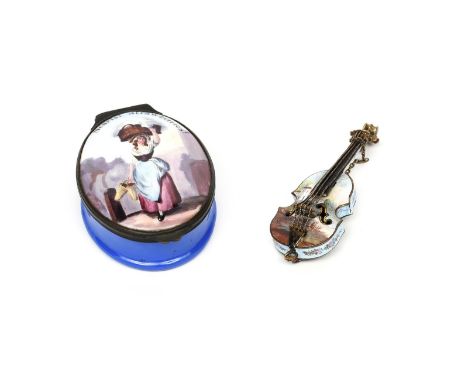An Austrian enamel vinaigrette late 19th century, modelled as a violin, painted with a landscape and with two figures, and a 