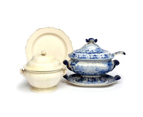 A John Rogers blue and white transferware tureen with cover, ladle and stand  1st half 19th century, printed with English vie