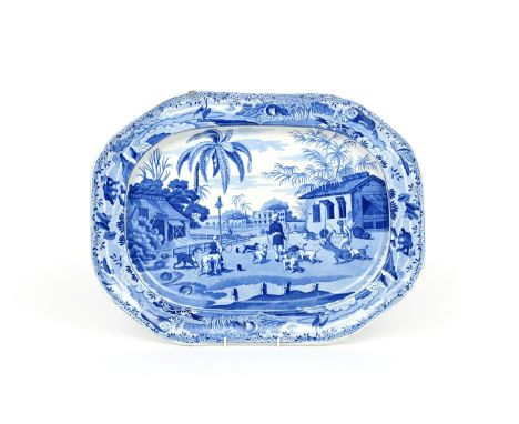 A James &amp; Ralph Clews blue and white transferware meat dish  c.1818-34, from the Indian Sporting Series after Spode, deco