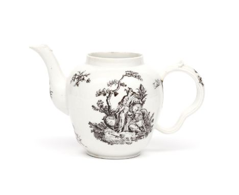 A Bristol (Richard Champion) teapot  c.1772-75, printed in black with La Terre to one side, a lady standing in a garden setti