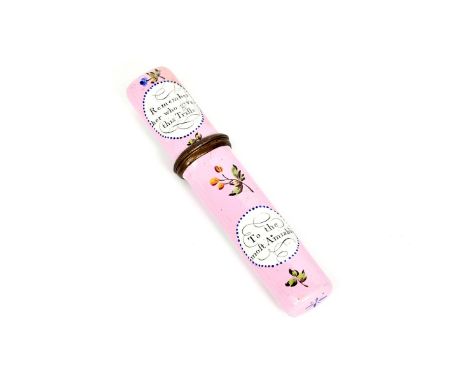 An English enamel etui  late 18th century, the flattened form finely inscribed 'A Friend's Gift' and 'Esteem the Giver', the 