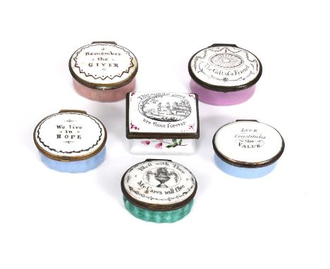 Six English enamel patch boxes  c.1760-90, five oval and decorated with inscriptions for love and friendship, on pink, green 