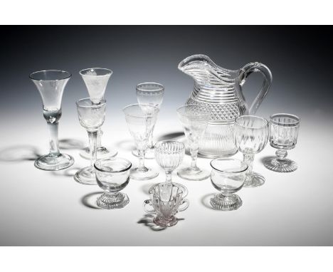 Seven drinking glasses  c.1750-1820, including a rare Jacobite drawn trumpet glass engraved with a carnation and moth and rai