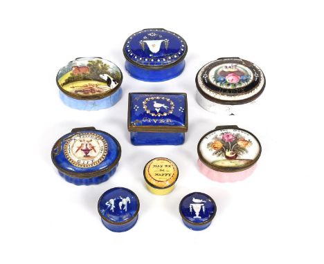 Six English enamel patch boxes and three pill boxes  c.1760-80, variously painted with a dog watching a rabbit, with birds in