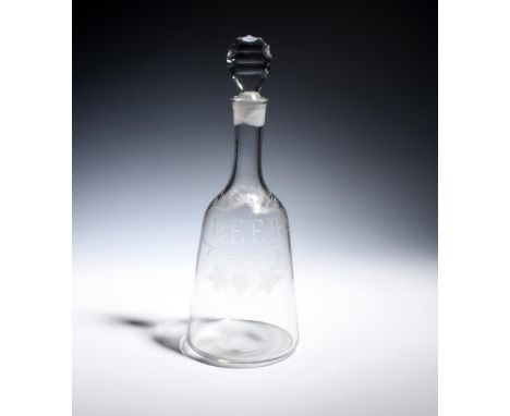 A magnum beer decanter and stopper  c.1770, the tapered shape engraved with a bottle ticket inscribed 'BEER' with hops and ba
