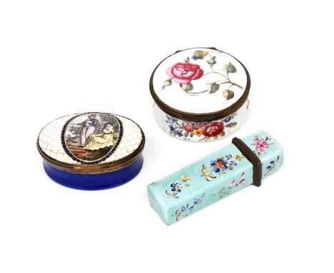 Two English enamel snuff boxes  c.1760-80, one Birmingham and of circular form, painted with flowers, the other South Staffor